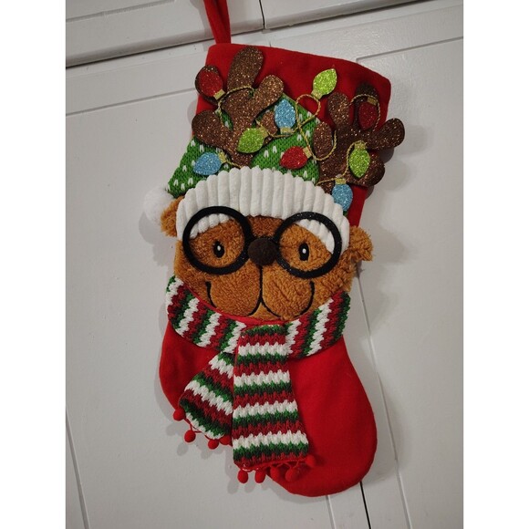 19" Red-Multi Nerdy Reindeer Christmas Stocking w/Eyeglasses, Knit Hat & Scarf - Picture 1 of 5